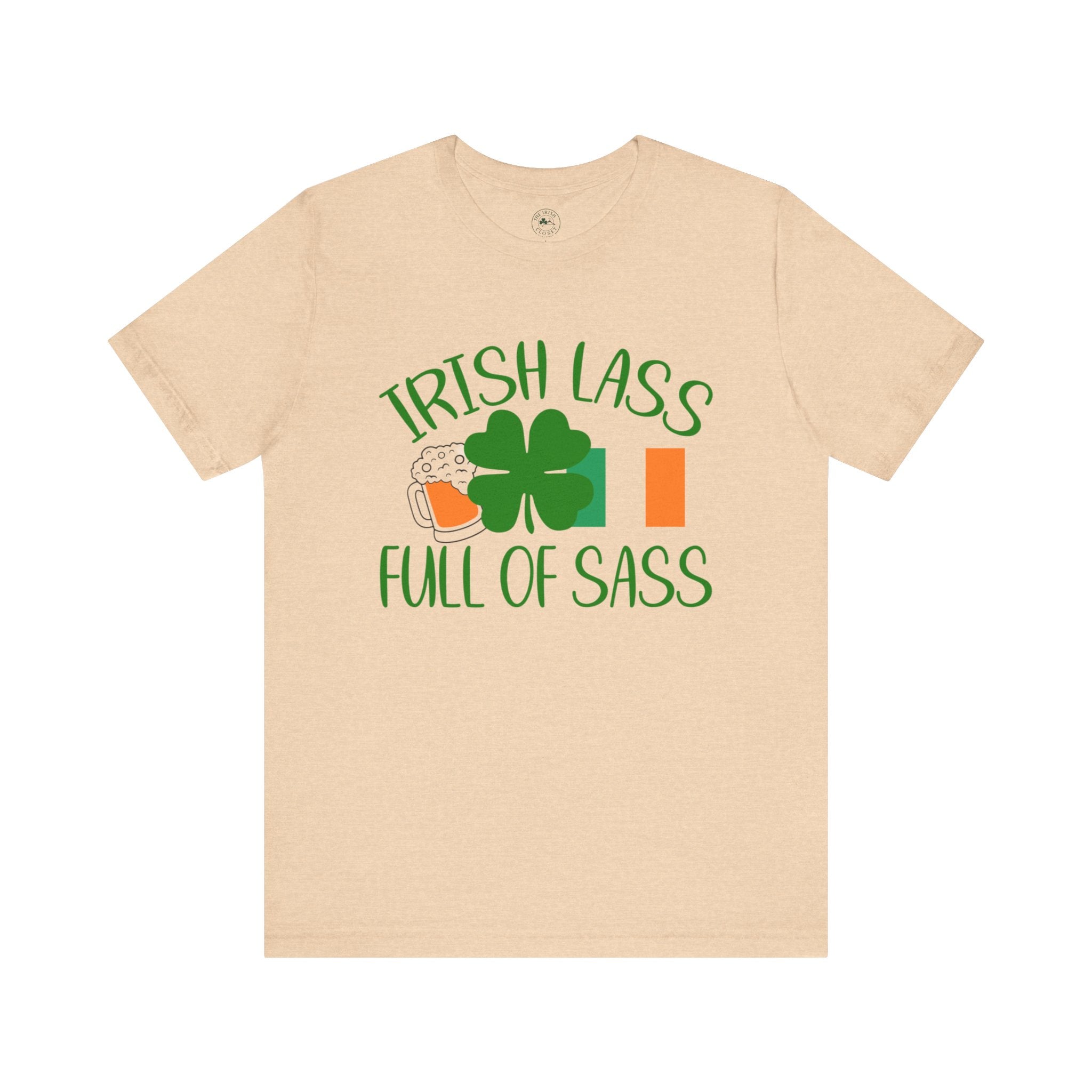 Irish Lass Full of Sass T‑Shirt — St. Patrick’s Day Shamrock & Beer Tee