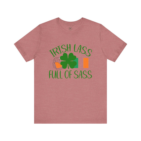 Irish Lass Full of Sass T‑Shirt — St. Patrick’s Day Shamrock & Beer Tee